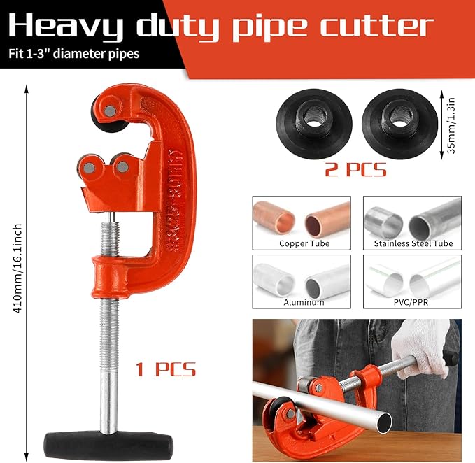 Professional Pipe Cutter Tool for 1-3" Pipes,Heavy Duty Metal Tube Cutter to Galvanized Pipe,Ironr, and PipeCopper,Metal Tube Cutter Great With 2 additional blades for Plumbers or Metalworkers