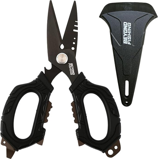 Beyond Fishing OmniPro Shears ??6.5??Multi-Function Fishing Scissors with Titanium-Coated Blades ??Cuts Braided Line, Monofilament, Fluorocarbon & Steel Wire ??Fishing Tool with Sheath