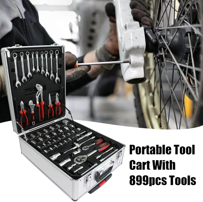 899PCS Tool Set, Complete Tool Box Set Hand Tool Set with Tool Box, Household Tool Kit with Rolling Tool Box, Mechanic Tool Set Rolling Tool Set for Home/Auto Repair Tool Set - Silver