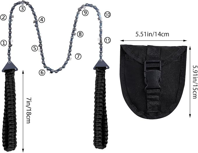 Sucrain Pocket Chainsaw with Paracord Handle, Folding Chain Hand Saw, Emergency Outdoor Survival Gear for Camping, Hunting, Hiking, Cutting Wood & Tree (Black paracord, 11 Teech, 24''Long)
