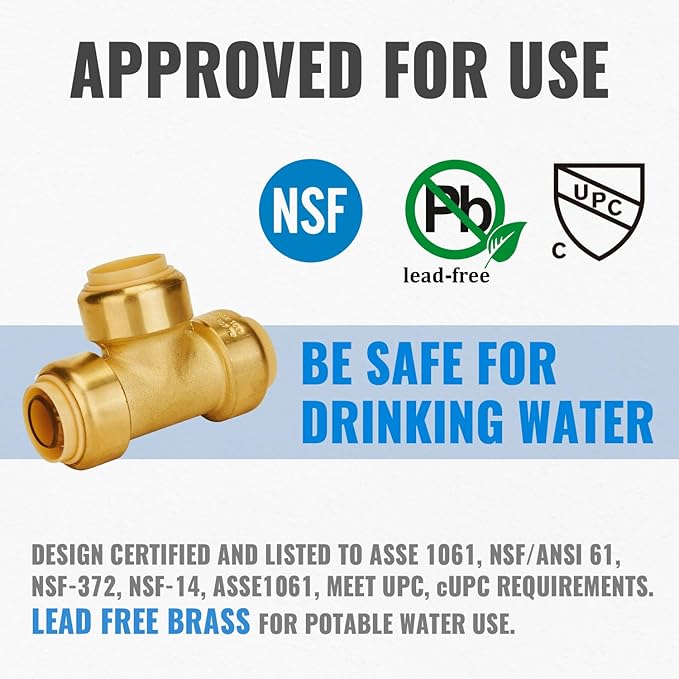 SUNGATOR Tee Plumbing Pipe Connector, 3/4-Inch Push Fit PEX Tee, No Lead Brass T Fittings with Disconnect Clip, Push-to-Connect, Copper, CPVC (2-Pack)