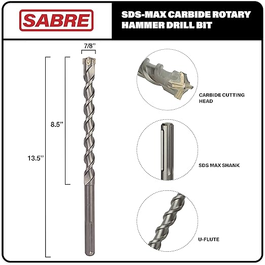 Sabre Tool 7/8 Inch x 13 Inch SDS MAX Rotary Hammer Drill Bit, U-Flute, Carbide Tipped for Brick, Stone, and Concrete (7/8" x 8.5" x 13")