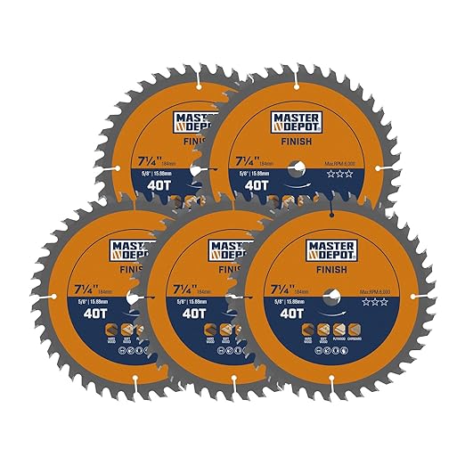 7-1/4 Inch 40T Finish Circular Saw Blade, Professional Woodworking Saw Blade for Clean Cuts, Carbide-Tipped ATB, Thin Kerf, Anti-Vibration, 5/8" Arbor (5-Pack)