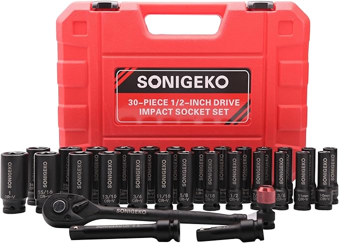 30-Piece 1/2" Drive Impact Socket Set - 6 Point Deep SAE & Metric CR-V Steel Sockets with 3", 5"Extension Bar,Ratchet Wrench,and Bit Adapter(1/2" 30 PCS Socket Set,Metric and SAE)