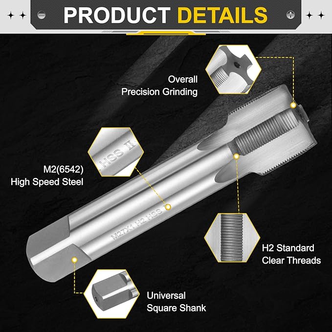 uxcell Hand Plug Tap M27 x 1 H2 Metric Thread Plug Style Taps Straight Flute Screw Tapping Threading Tool High Speed Steel HSS6542