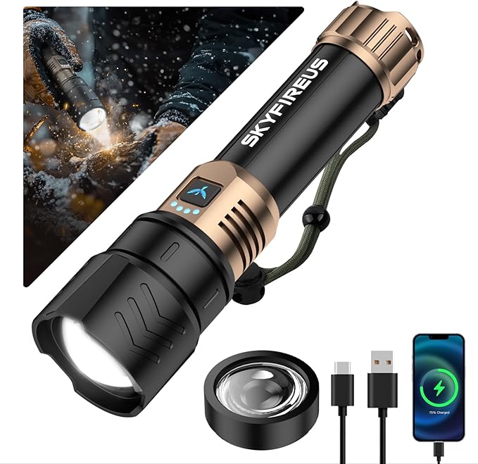 SKYFIRE LED Flashlights High Lumens with Ignition Lens,2000lm Super Bright Rechargeable Flashlight, Zoomable,Four Modes,Waterproof Tactical Flash Light for Camping Essentials,Outdoor and Home,Gift