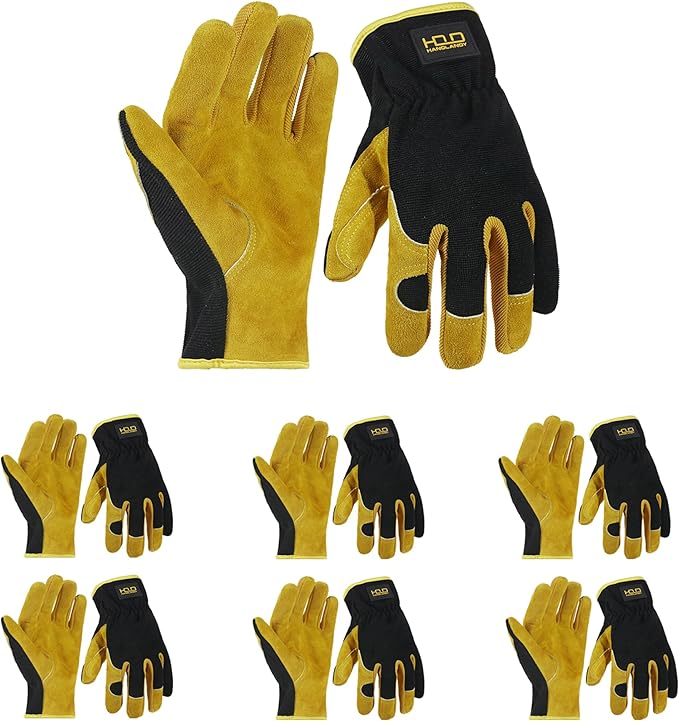 HANDLANDY Men Leather Gardening Gloves, Utility Work Gloves for Mechanics, Construction, Driver