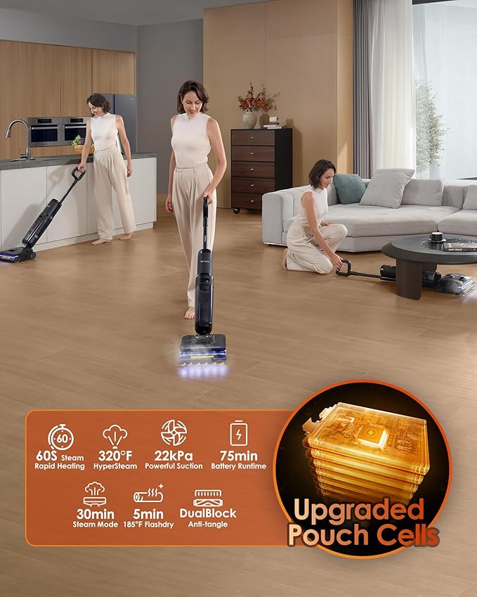 Tineco Floor One S7 Stretch Steam Cordless Wet Dry Vacuum Steam Mop All-in-One, 320??HyperSteam, 180째 Lay-Flat, Anti-Tangle Design, FlashDry Self-Cleaning, Up to 75 Min Runtime