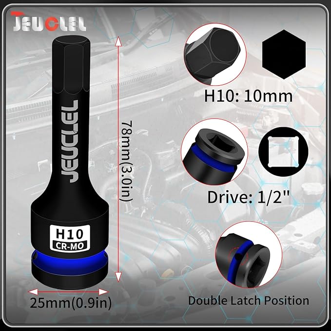 10mm Hex Impact Bit Socket, H10 1/2-Inch Impact Drive Allen Socket, Cr-Mo Steel Lengthen Hex Screwdriver Adapter for Electric Ratchet Wrenches Fastening Screws