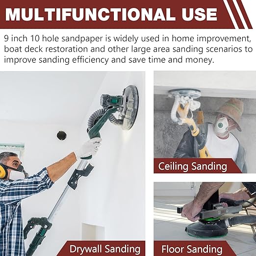 50 Pack 9-Inch 10-Hole Hook-and-Loop Sanding Disc, 240 Grit Aluminum Oxide Drywall Sandpaper for ??" Drywall Sander Pads, Finishing Ceiling Wood Floor