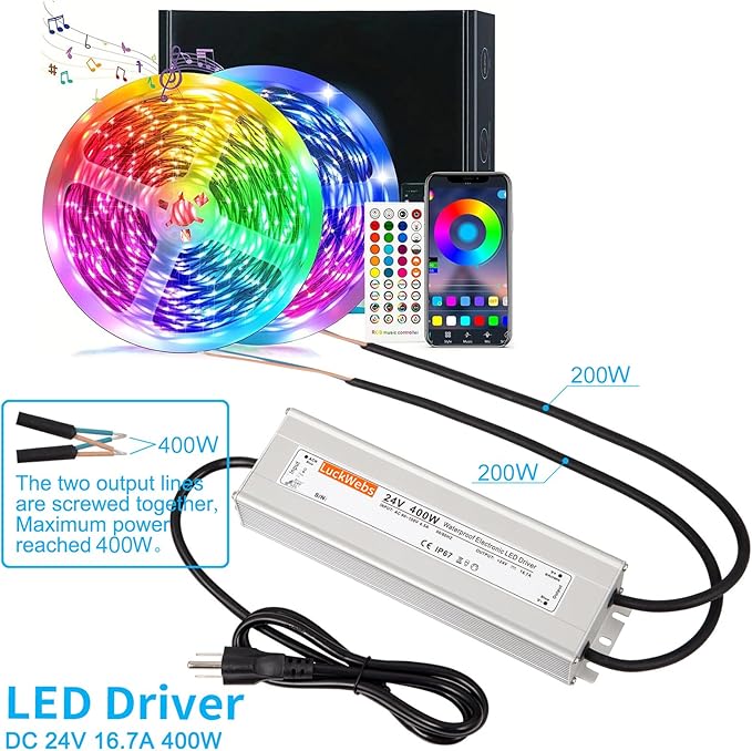 LED Driver 24V400W Waterproof Power Supply AC90-130V to DC24V16.7A Low Voltage IP67 Transformer for Outdoor LED Signage and Advertising Light Boxes and Any 24V DC LED