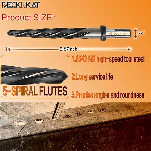 1/2" Reamer Drill Bit for Metal, M2 HSS Taper Reamer for Steel, Alloy, Wood, Plastic to Align, Enlarge Holes ??5-Spiral Flutes, 1/2" Non-Slip Shank, 12mm Car Reamer, Bridge Construction Reamer
