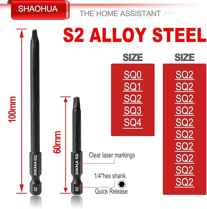 16PCS Magnetic Screwdriver Bits, 6PCS SQ0/1/2/3/4 Square Drive Bits(3.93Inch) and 10PCS SQ2 Square Screwdriver Bit (2.36Inch), 1/4 Hex-Shank Pocket Hole Screw Drill Bit, S2 Steel Long Screwdriver Bits