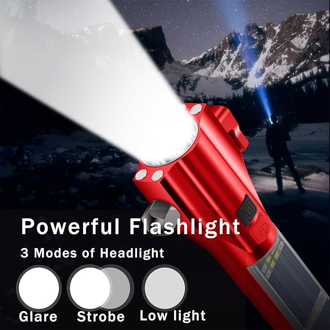 Car Glass Breaker Hammer with Flashlight, Multi-Function Rechargeable Emergency Escape tools with Window Breaker and Seatbelt Cutters,Bright Solar Torch竊?RescueAlarm Rescue, Strobe SOS Beacon