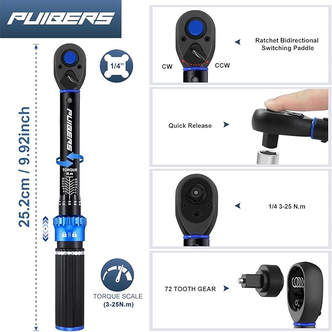 1/4 Inch Pound Torque Wrench, Bike Torque Wrench 1/4 3-25 NM/22.6-221.3 IN.LB竊똃ual-Direction Adjustable 72 Tooth Drive Small Newton Meter Wrenches for Bike, Motorcycle and Car Repair