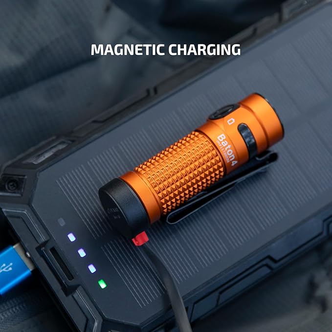 OLIGHT Baton4 Rechargeable EDC Flashlight, LED Pocket Light 1300 Lumens with Magnetic Charging Cable, 6 Modes, Powerful Bright IPX8 Waterproof for Home, Camping and Emergencies (Orange)
