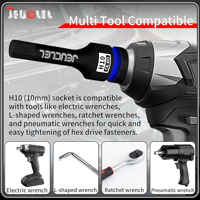 10mm Hex Impact Bit Socket, H10 1/2-Inch Impact Drive Allen Socket, Cr-Mo Steel Lengthen Hex Screwdriver Adapter for Electric Ratchet Wrenches Fastening Screws