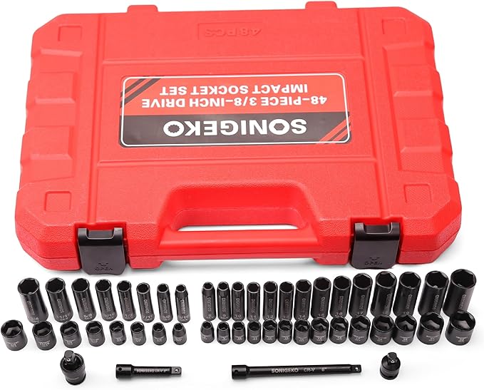 Socket Set 3/8" Drive Impact Socket Set,48-Piece 6 Point Deep,Standard SAE and Metric CR-V Steel Sockets with extension bar (Metric and SAE, 3/8" Socket Set, 48pcs)