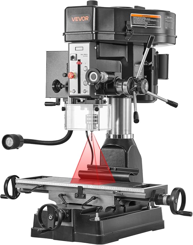 VEVOR 15.875-Inch Mill Drill Machine, 2 HP, Benchtop Milling Drill Press, 150-2560 RPM Adjustable Speed, with Rotating Vise, Laser and Work Light, Milling Drilling Machine, for Woodworking Light Metal
