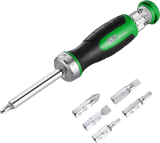 SK 7-in-1 Ratcheting Screwdriver, 216-P, 6 Bits (Phillips, Star, Slotted), 1 Nut Driver Size (1/4 Inch), S2 Steel, SureGrip Handle