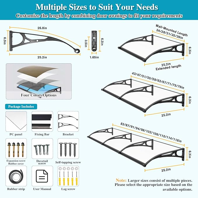 Awning for Door Entrance, Window Awnings Exterior with Aluminum Bracket, UV, Rain & Snow Protection, Durable Polycarbonate Canopy for Entrance, Balcony, Garage, Gray 60x210cm/24x83in