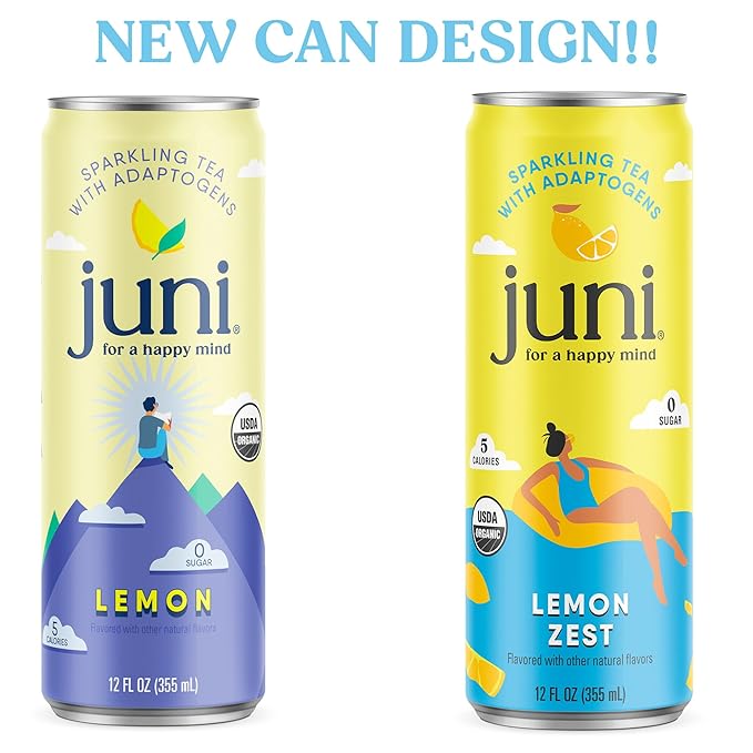 Juni Sparkling Adaptogen Drink with Ashwagandha, Lion?셲 Mane & Reishi Mushrooms, Green Tea for Focus, Zero Sugar, 5 Calories, Organic, Non Alcoholic Drinks - Lemon 12 pack
