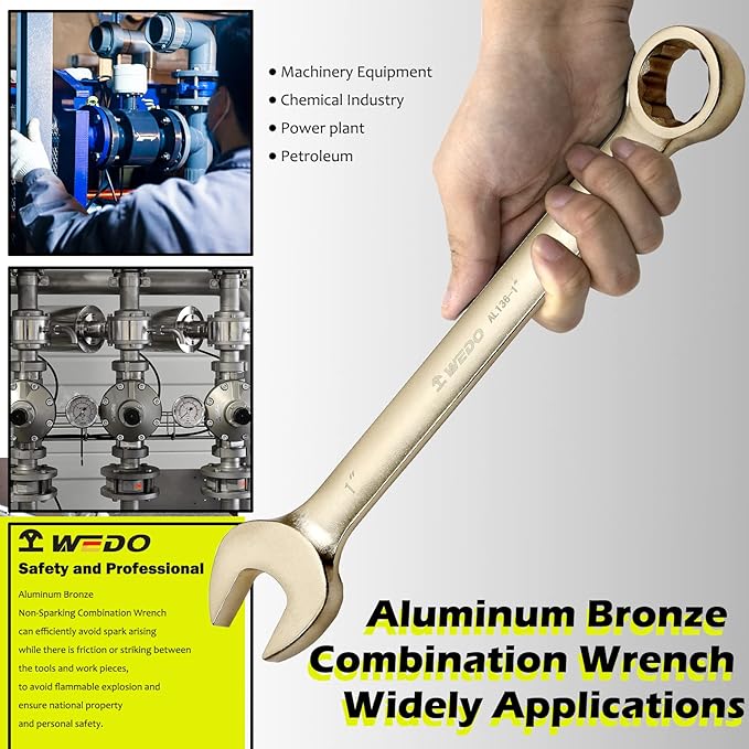 WEDO Non-Sparking Combination Wrench, Spark-free Safety Combination Spanner, Aluminum Bronze, Die-Forge, DIN 3113, BAM & FM Certificate, Size 3/8", 135mm Length