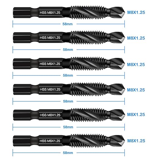 DKIBBITH 6 Packs M8 Drill & Tap Bit Set, Combination Screw Tapping Threading Tools in Size M8*1.25 with Anti-Rust Black Coating, 1/4" Hex Shank and Storage Case