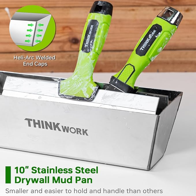 THINKWORK Drywall Tools - 8Pcs Stainless Steel Drywall Knife Set with Putty Knife, Taping Knives, Painter Scraper & 10" Mud Pan, Spackle Tool Set for Joint Taping, Finishing & Patching