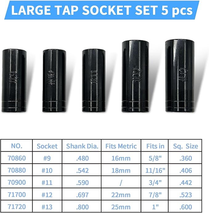 71670 Large Tap Socket Set 5 pcs Compatible with 5/8" 11/16" 3/4" 7/8" and 1" Taps with 1/2" Drive Fits MCTI Standard Taps