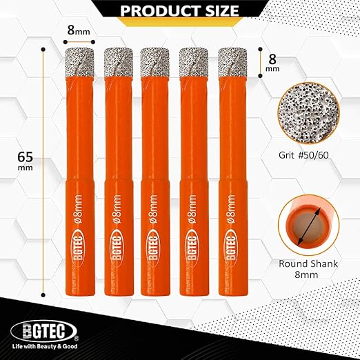 Dry Diamond Drill Bit Set,BGTEC 5pcs 5/16" 8mm Hole Saw for Granite,Marble,Masonry, Concrete, Tile/Ceramic, Glass, Hard Plastic,Vacuum Brazed Diamond Core Drill Bit Kit