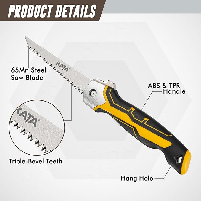 KATA Folding Drywall Jab Saw, Drywall knife with Soft Grip Handle, Keyhole Handsaw, Jab Saw with 7TPI Triple Teeth 65Mn Steel Sharp Blade for Wallboard, Plywood Sheetrock and PVC Cutting