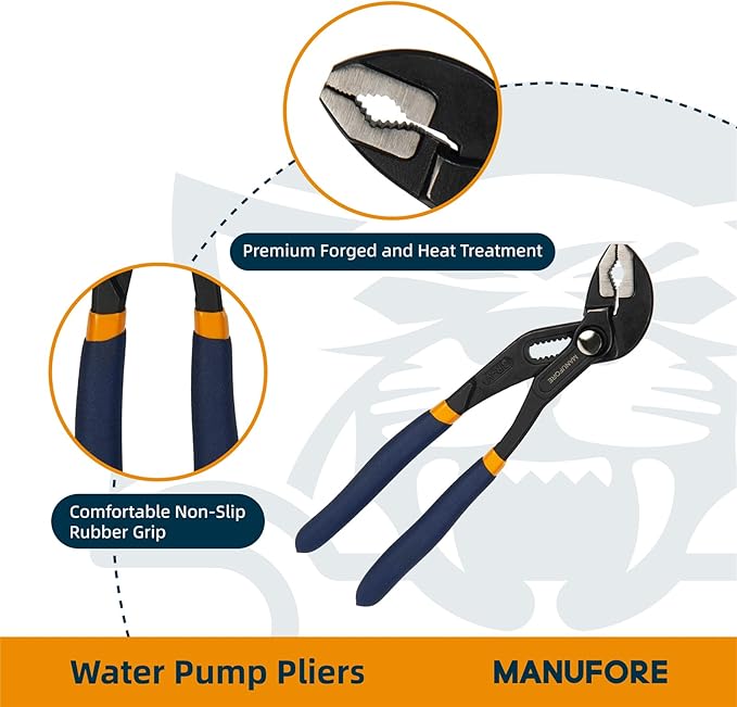 MANUFORE Water Pump Pliers, 7/10/16 Inch Quick Release Groove Joint Pliers with V-Jaw, for Griping Pipes, Rods, Shafts