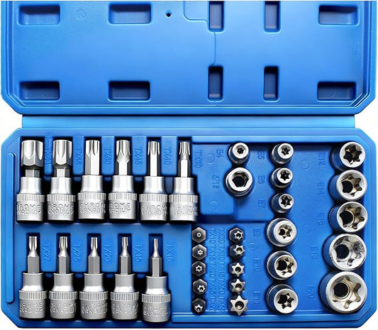 34-Piece Torx Star Bit Socket Set,CR-V Steel, E4-20, T10-60, Tamper Proof Set TT10-TT55, 5/16"F to 3/8"M adapter with Storage Case, Ideal for Car,Trucks,Home Improvement