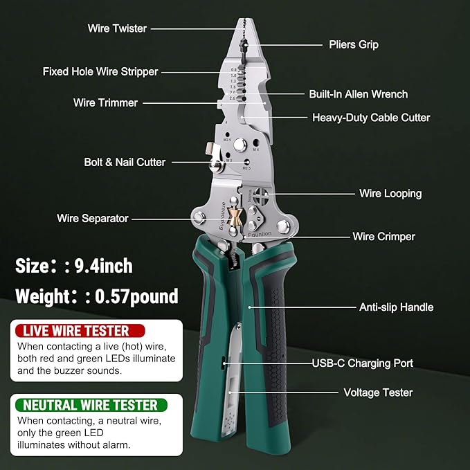 Multi-Function Foldable Wire Stripper, Multifunctional Professional Electrician's Pliers with Voltage Tester, 14-in-1 Wire Stripper & Tester for Stripping, Peeling, Cutting, Shearing