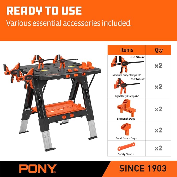 Pony Portable Folding Work Table, 2-in-1 as Sawhorse & Workbench, 31??W횞25??D횞25??35?쒱, Large Load Capacity with 4pcs Clamps, 4pcs Bench Dogs