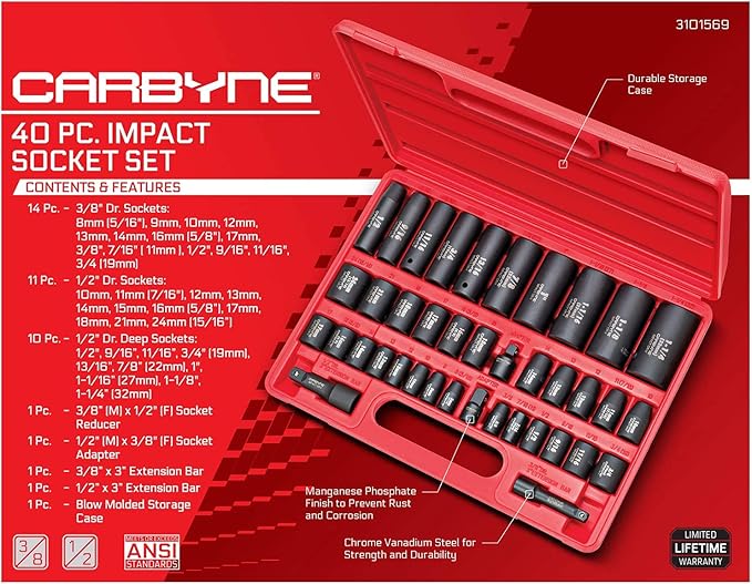 CARBYNE 40-Piece Impact Socket Set | SAE & Metric - Standard and Deep Sockets. 6-Point Design. Metric 8mm-32mm, SAE 3/8" to 1-1/4". Cr-V Steel, Corrosion Resistance, Durable Case | 3/8'' & 1/2'' Dr