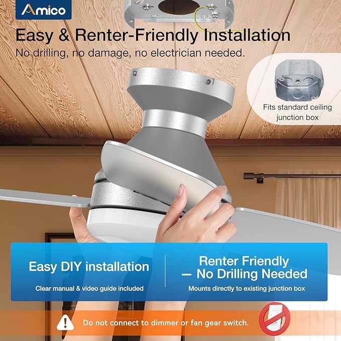 Amico Ceiling Fans with Lights, 30 Inch Low Profile Ceiling Fan with Light and Remote Control, Flush Mount, Reversible, 3CCT, Dimmable, Noiseless, Silver Ceiling Fan for Bedroom, Indoor/Outdoor Use
