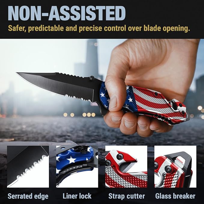 GOOD WORKER Legal Pocket Knife with 2.95??Serrated Blade, Glass Breaker, Seat Belt Cutter - EDC Sharp Folding Knives with Portable Clip - Small Tool for Tactical Camping Survival Hiking - Gifts for Men, Women