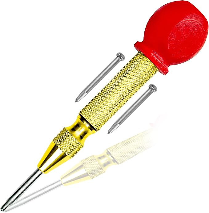 Performore Automatic Center Hole Punch With Hardened Steel, Includes Two Replacement Tips Adjustable Spring Metal Drill Tool with Cushion Cap, Hand Tool for Metal or Wood Glass Window