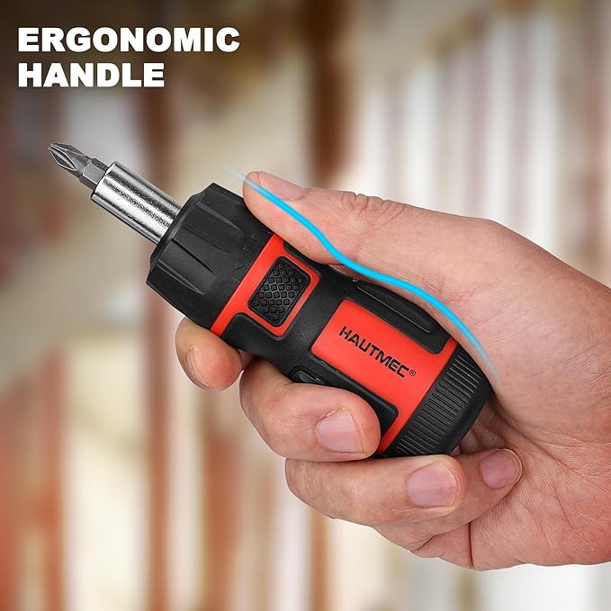 HAUTMEC 7-in-1 Stubby Ratcheting Screwdriver Set, Ratchet Short Screwdriver Set with Multi Bit Screw Driver Tool All in One, Chrome Vanadium Steel Shaft 3PCS Phillips and 3PCS Slotted