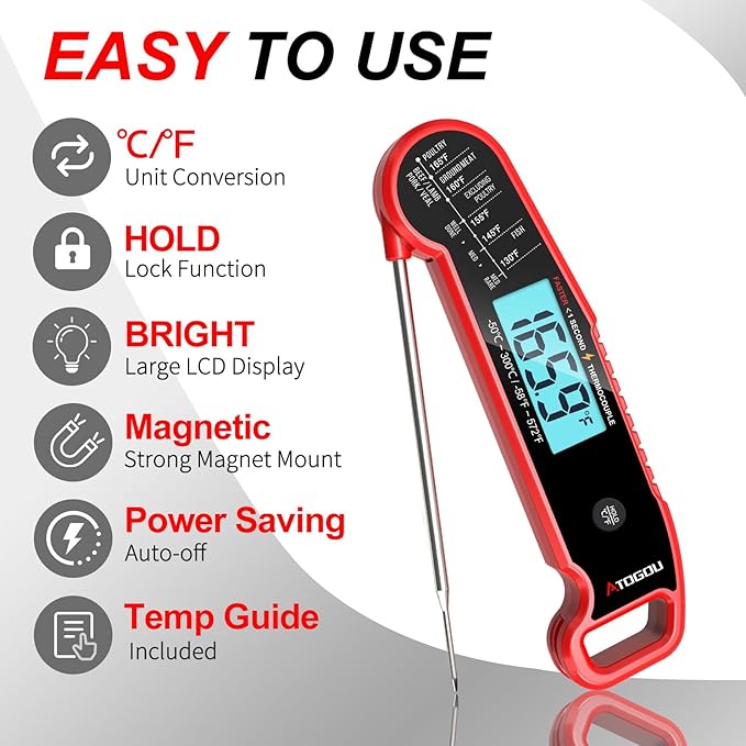 Atogou Professional Food & Meat Thermometer, 1 Sec Instant Read & 짹0.5??Accuracy, Thermocouple Sensor, IP67 Waterproof Digital Thermometer for Cooking, BBQ, Grill Gifts for Men Him Dad Birthday