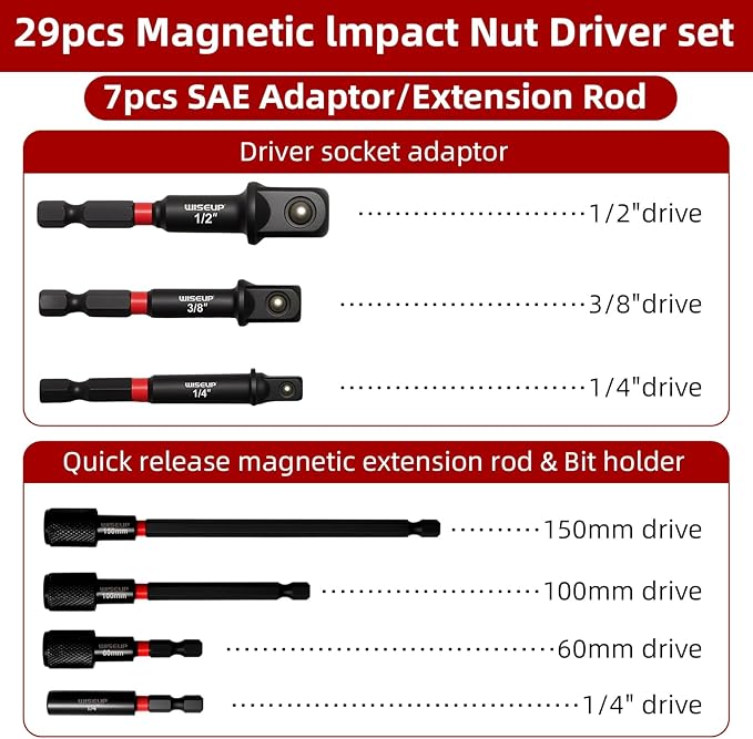 WISEUP 29PCS Magnetic Nut Driver Set，Impact Drill Driver Bit Set & 1/4" Hex Shank，Cr-V Steel SAE & Metric Power Nut Drivers，Includes Magnetic Bit Holder, Quick Release Extension with Storage Bag