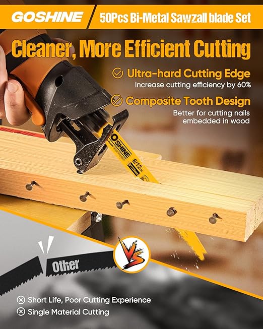 50 Pack 9 Inch 6/12TPI Reciprocating Saw Blades,Stud and Nail Saw Blades, 9" High Strength Bi-Metal Saw Saw Blades Wood and Nail-Embedded Wood, Metal,PVC, Pallets etc,with Storage Box