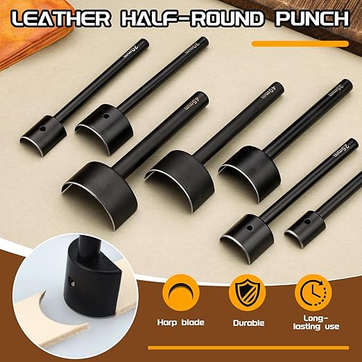 7 Sizes Leather Corner Punch, Half-Round Punch Set, Leather Belt Cutter End Punch Tool, Belt Cutting Tool, Leatherworking Tools for Strap Belts, Wallet, Bags (From15mm to 45mm)