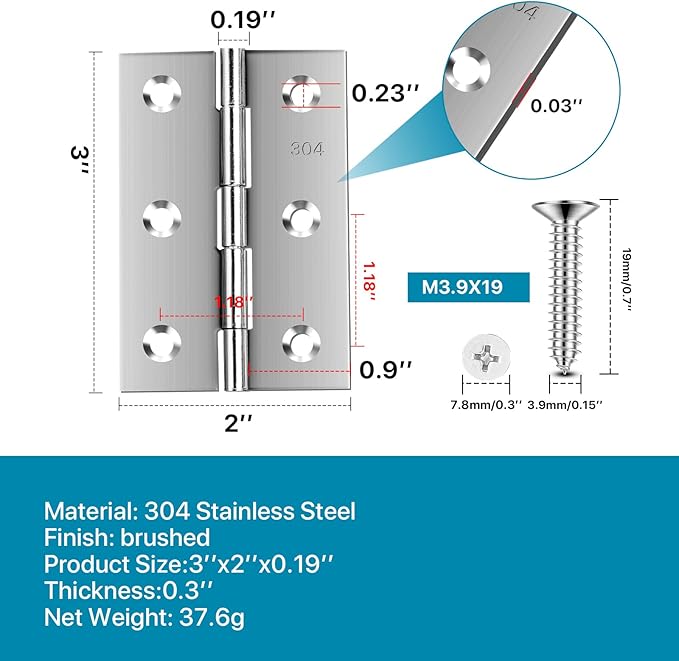 Stainless Steel 3 Inch Folding Butt Hinges for Furniture Door Window Case Lid and Wooden Box Chest, Pack of 8
