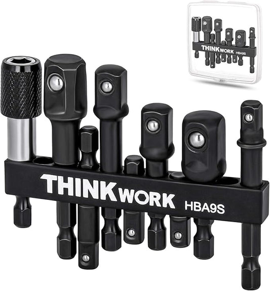 THINKWORK Impact Socket Adapter Set, 1/4" 3/8" 1/2" Drill Socket Adapter Set with 1/4" Hex Shank for Impact Power Driver, Cordless Drill & Screwdriver
