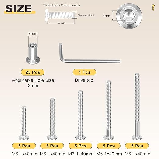 METALLIXITY Furniture Crib Screws Replacement Set with Wrench(M6-1x40/50/60/70/80mm) 50Pcs, Connector Bolts M6 Screw Barrel Nuts Binding Screws, for Chair Cabinet Bed, Silver
