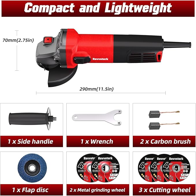 Angle Grinder, 7.5-Amp 4 1/2 inch Electric Grinder Power Tools 12000 RPM with Cutting and Grinding Wheels, Flap Disc and Auxiliary Handle for Cutting, Grinding, Polishing, M14 Thread