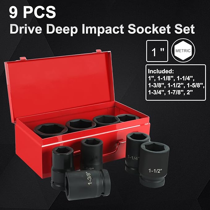 1 Inch Drive Deep Impact Socket Set, Cr-Mo 6-Point (1-Inch - 2-Inch) 9pc Impact Socket Set with Heavy Duty Storage Case
